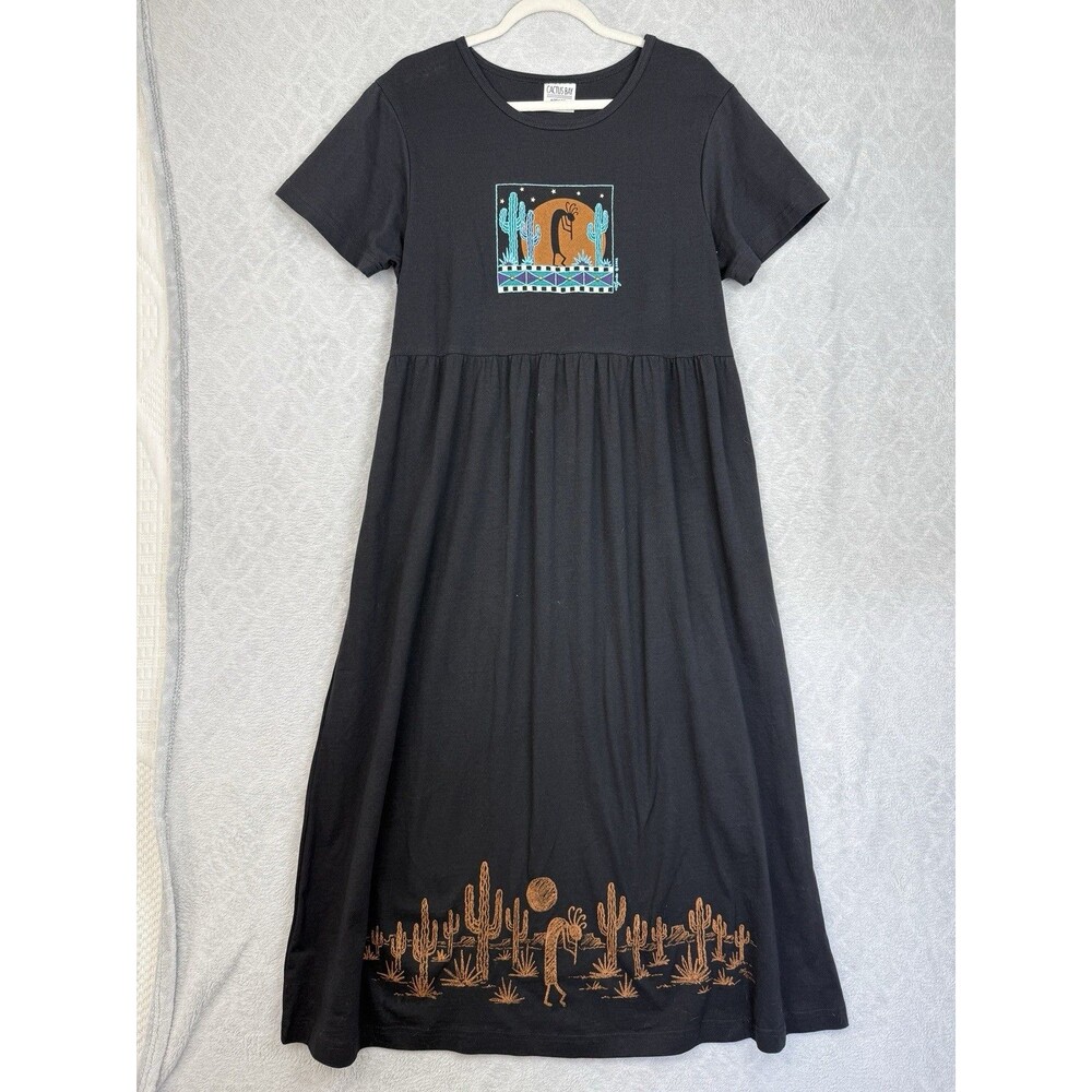Vtg 2002 Cactus Bay Lynee Maxi Dress M Black Southwest Tribal Kokopelli Folklore